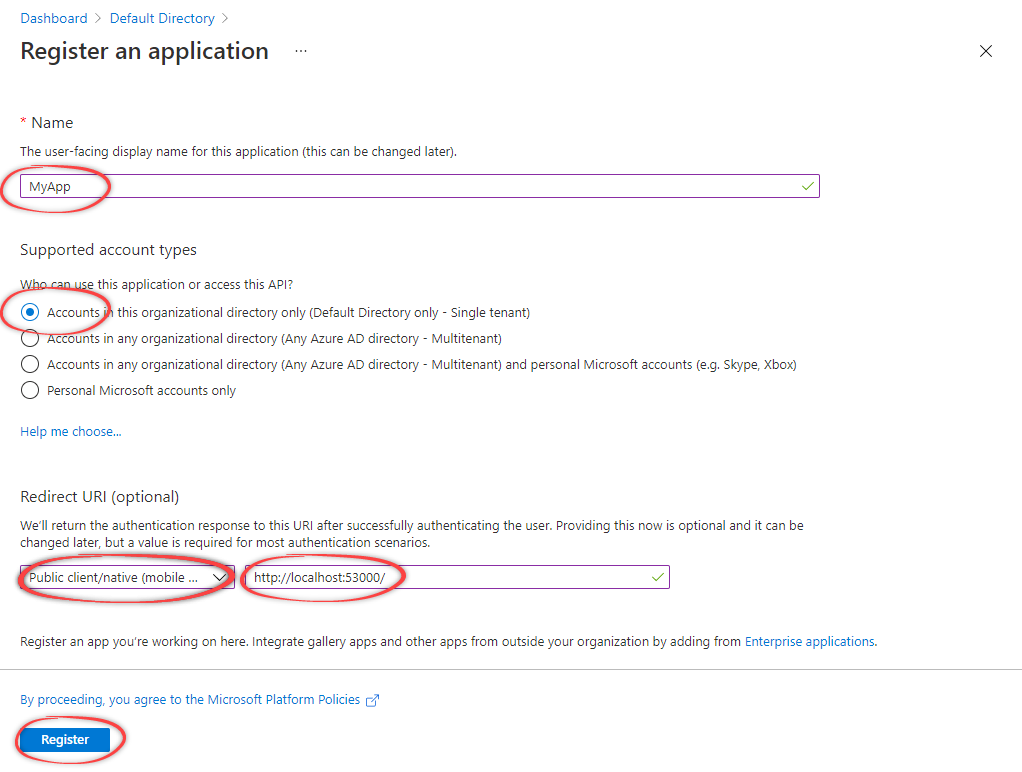 Register an application in Entra ID with redirect URI configuration