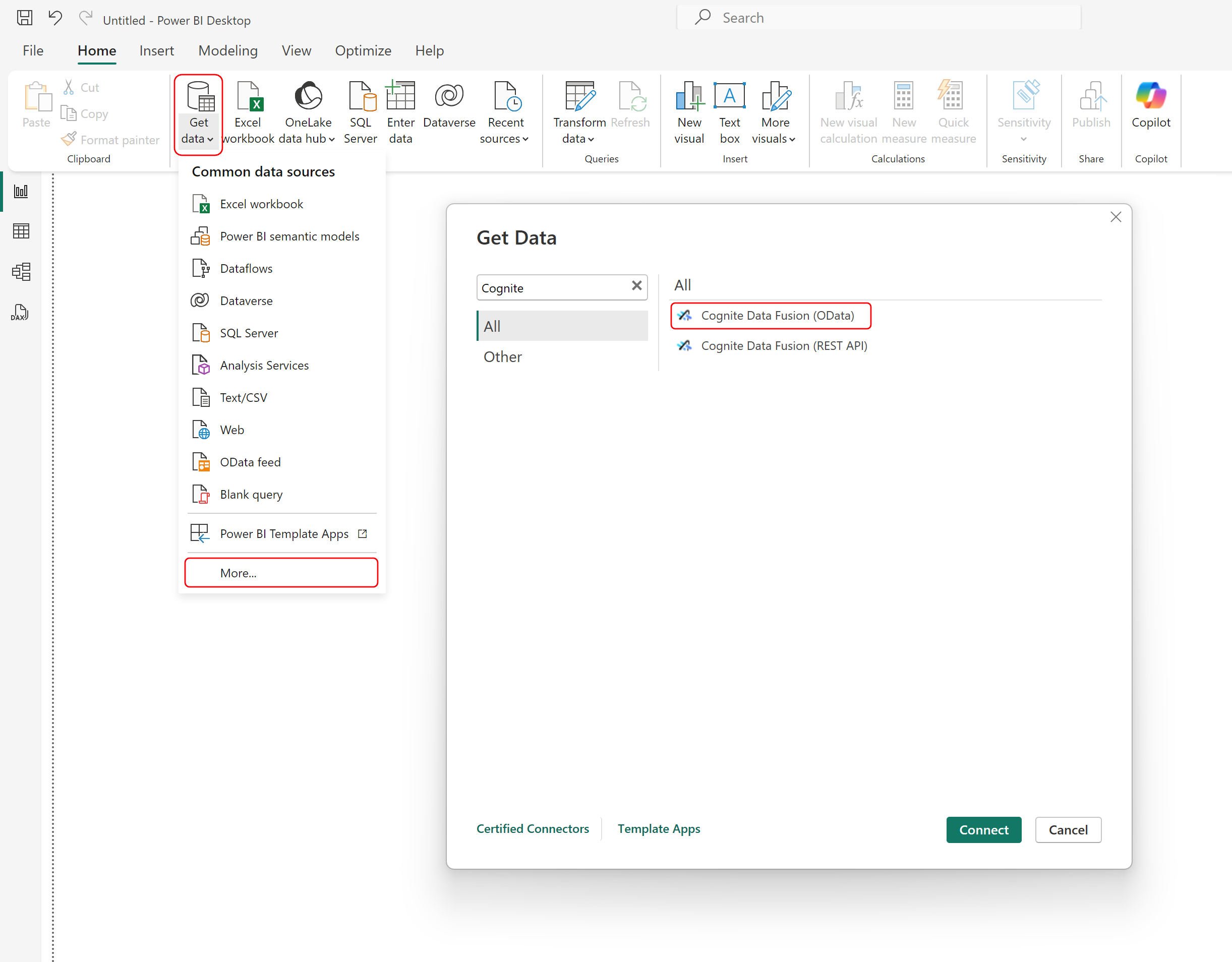 Locate the CDF OData connector in Power BI