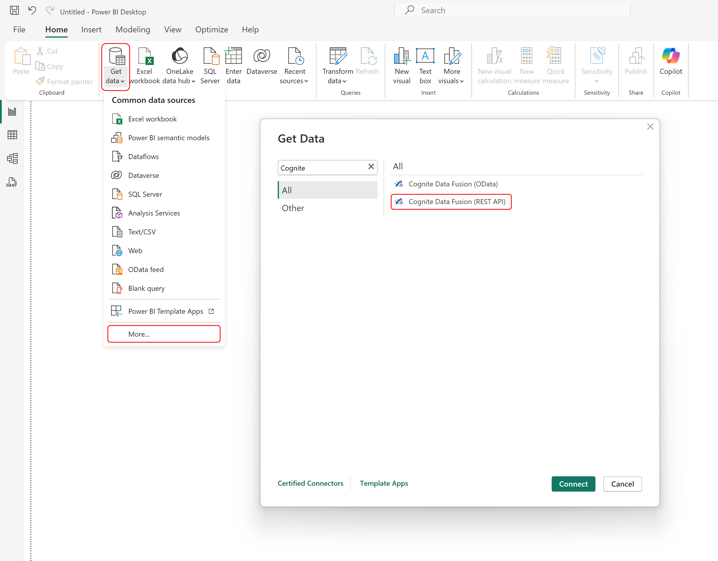 Locate the CDF REST API connector in Power BI