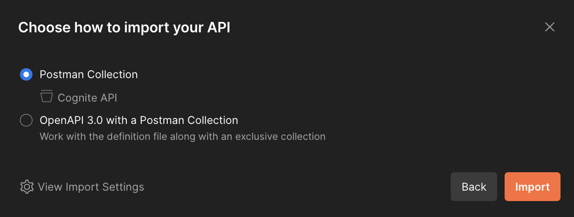 Import Cognite API settings in Postman