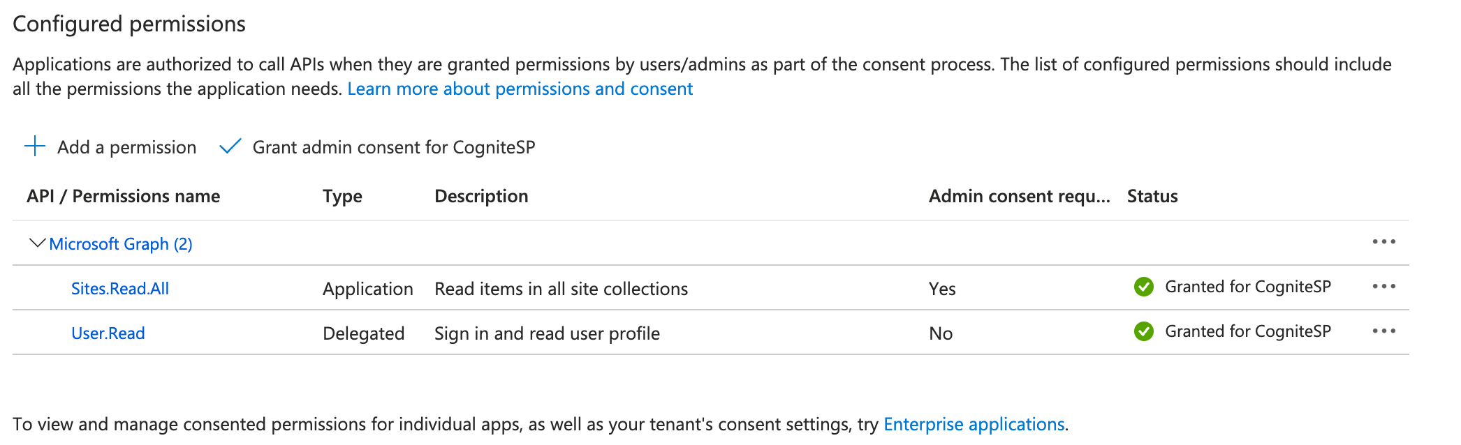 App Registration API permissions