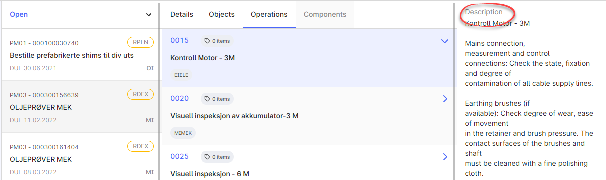 Work order operations with descriptions